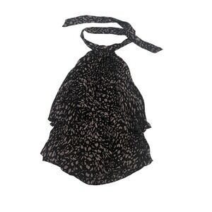 Parker Women XS Halter Neck Tiered Ruffle Blouse Animal Print Black Mauve (1030)